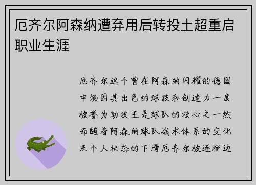 厄齐尔阿森纳遭弃用后转投土超重启职业生涯