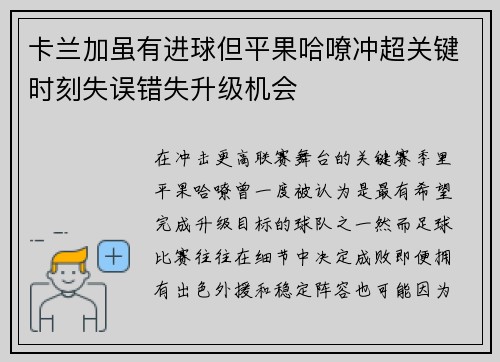卡兰加虽有进球但平果哈嘹冲超关键时刻失误错失升级机会 卡兰加虽有进球但平果哈嘹冲超关键时刻失误错失升级机会