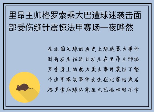 里昂主帅格罗索乘大巴遭球迷袭击面部受伤缝针震惊法甲赛场一夜哗然 里昂主帅格罗索乘大巴遭球迷袭击面部受伤缝针震惊法甲赛场一夜哗然